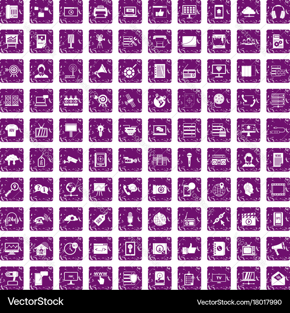 100 information technology icons set grunge purple Vector Image