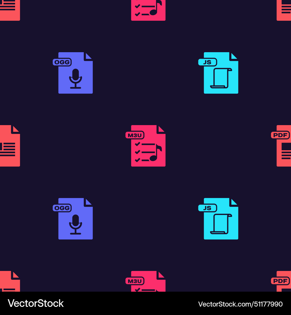Set js file document ogg m3u and pdf on seamless Vector Image