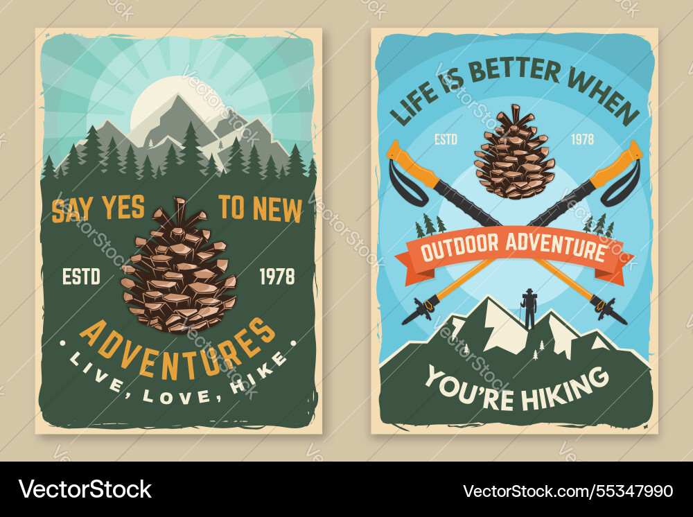 Set of hiking outdoor adventure flyer poster Set of hiking outdoor adventure flyer poster vector image