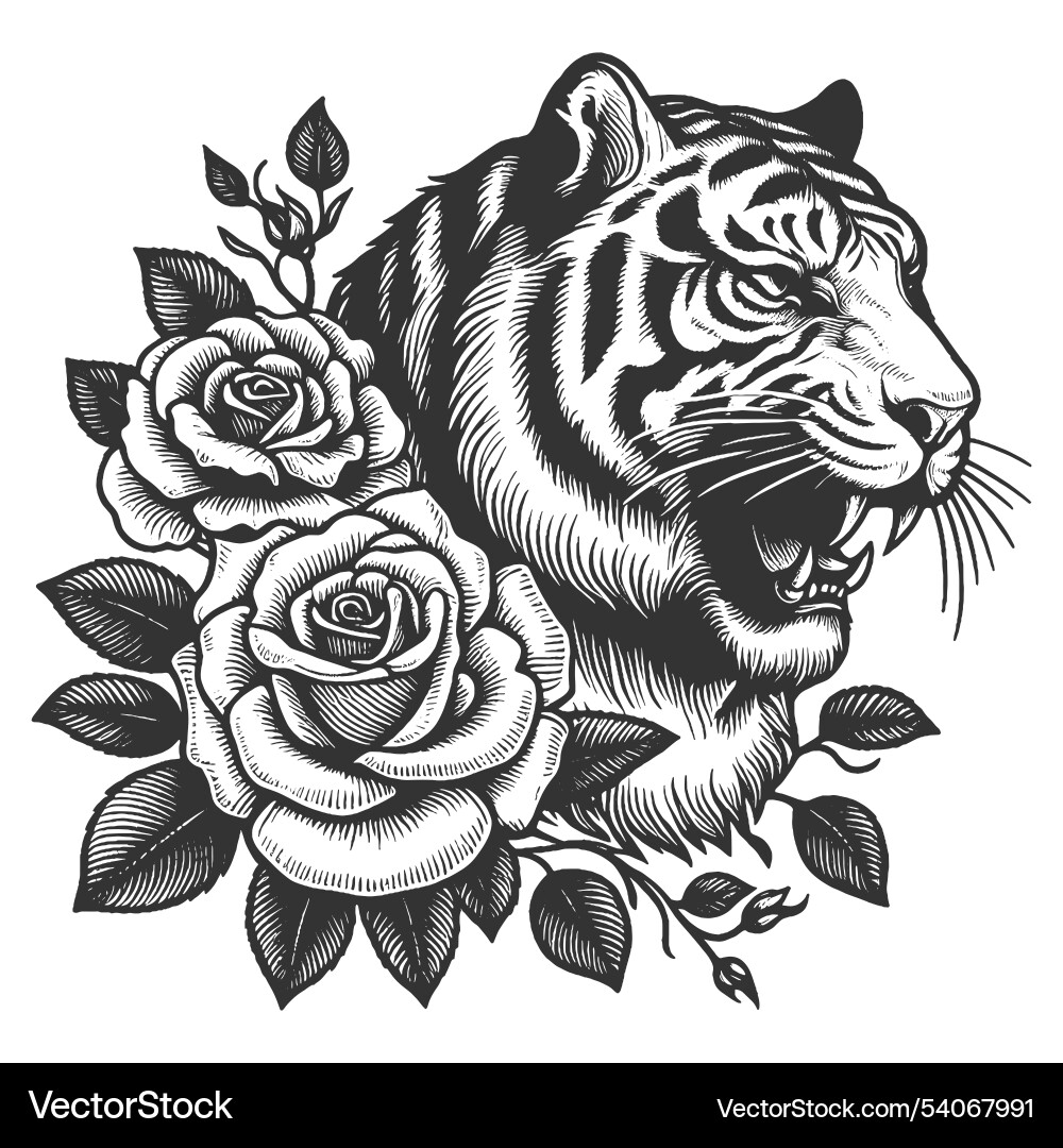 Fierce Tiger mit Rosen Tattoo Fierce Tiger mit Rosen Tattoo vektorbild