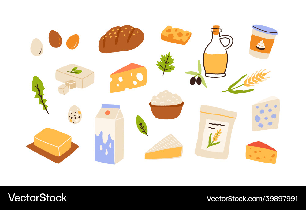 Gesundes Lebensmittelset mit Brotmehl Milchprodukte Gesundes Lebensmittelset mit Brotmehl Milchprodukte vektorbild