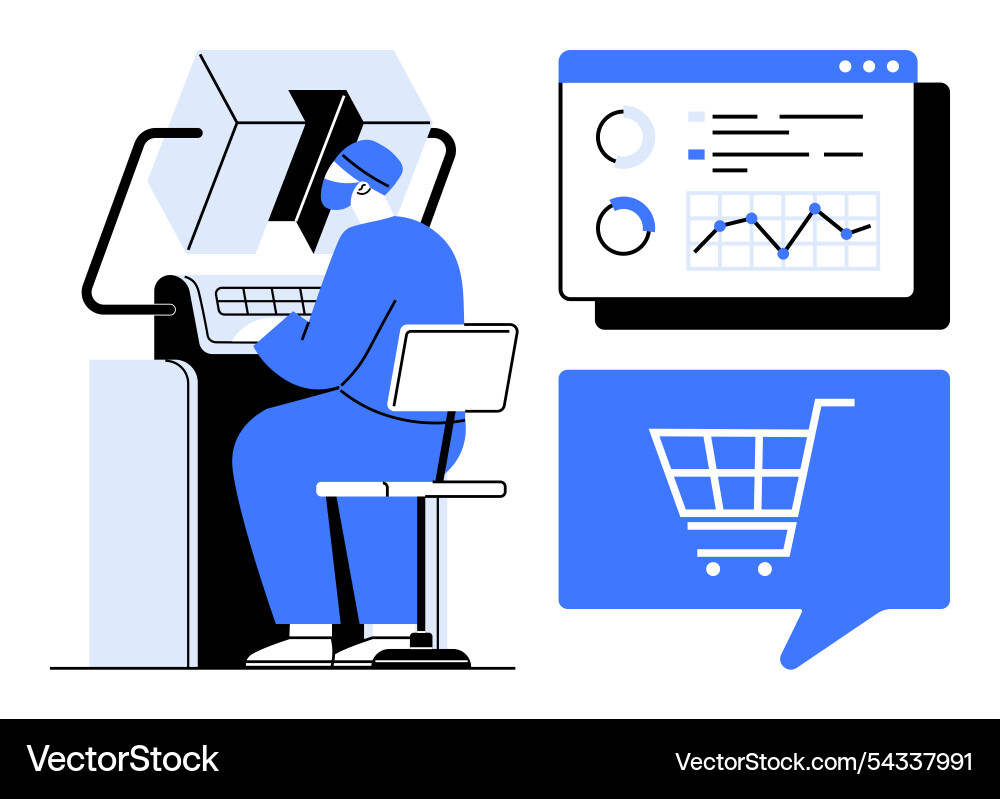Person at workstation analyzing data with graphs Person at workstation analyzing data with graphs vector image