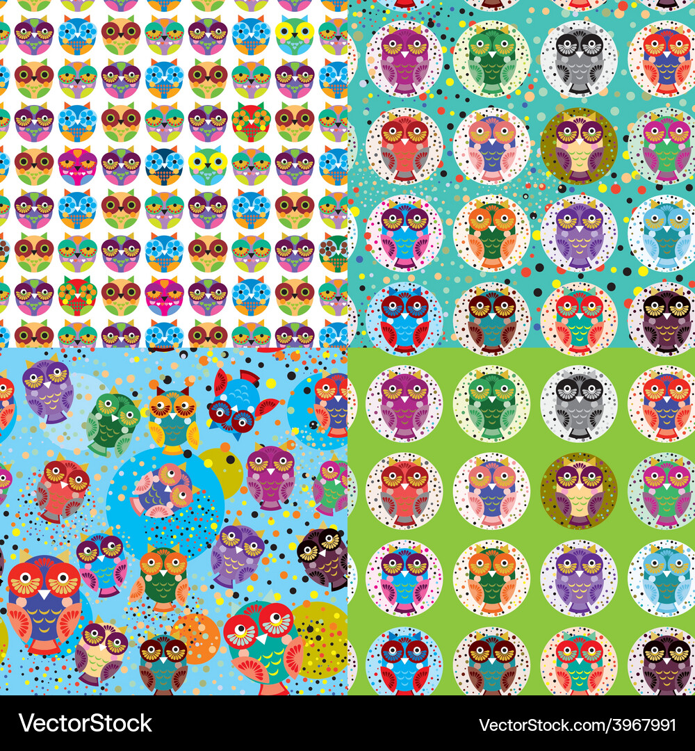 Set of 4 seamless pattern with owls Vector Image