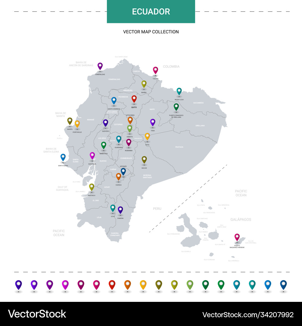 Ecuador map with location pointer marks Vector Image