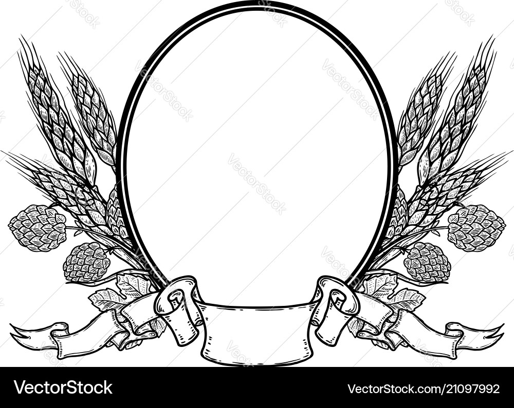 Oval frame with hand drawn hop and wheat beer Oval frame with hand drawn hop and wheat beer vector image