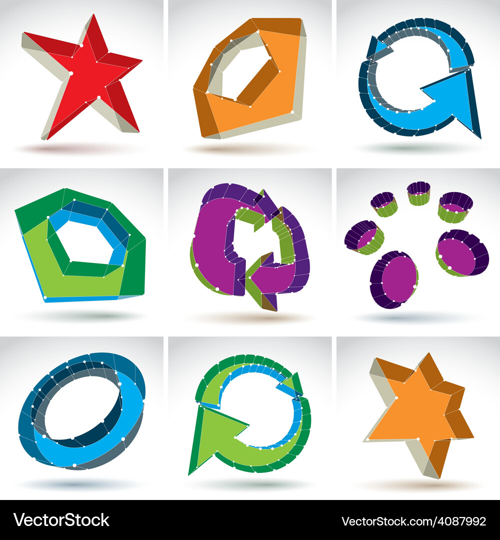 Set von 3d mesh bunte abstrakte Objekte isoliert Vektorbild