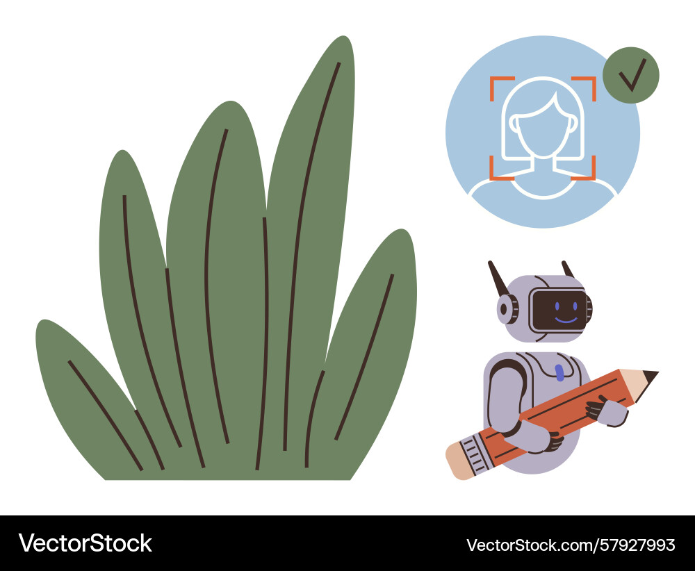 Robot holding pencil with biometrics interface Robot holding pencil with biometrics interface Vector Image