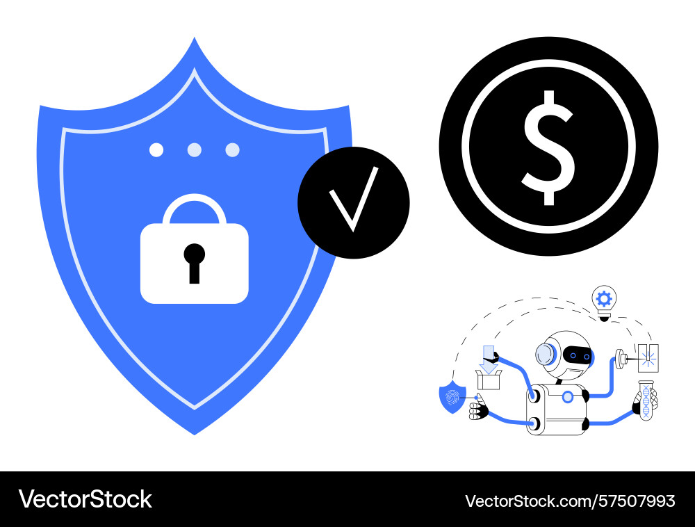 Shield with lock currency icon and ai robot Shield with lock currency icon and ai robot vector image
