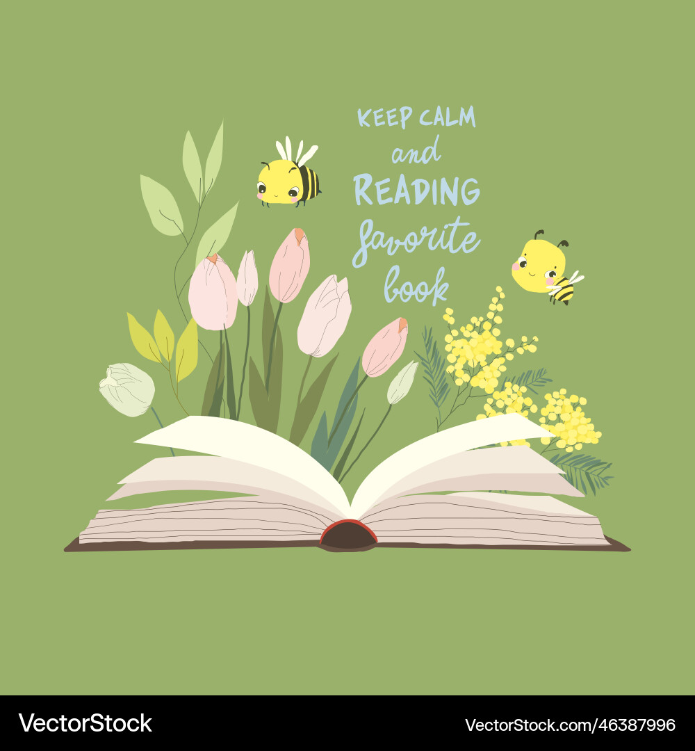 Cartoon open book with spring flowers and bee Vector Image