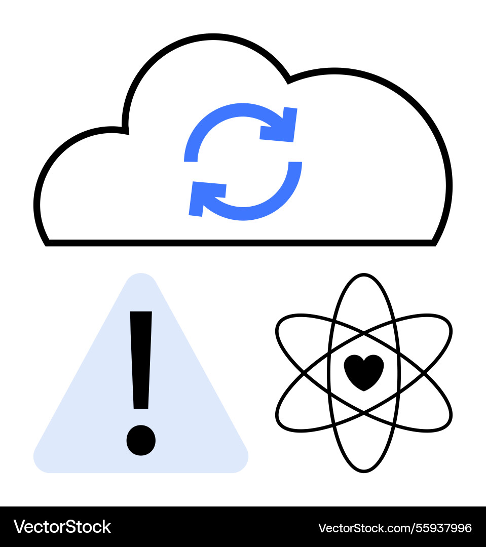 Cloud synchronization warning triangle and atom Cloud synchronization warning triangle and atom vector image