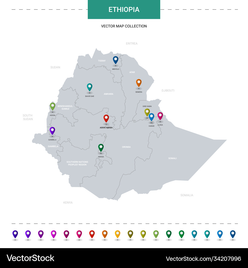 Ethiopia map with location pointer marks vector image