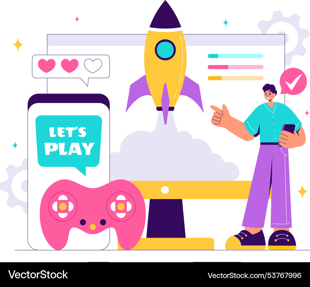 Video games with programmers playing gamepad Vector Image