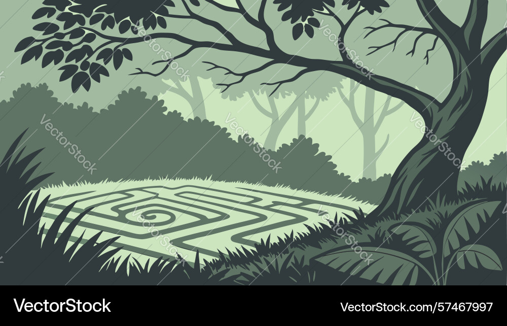 Abstract maze pattern in a lush forest clearing Vector Image