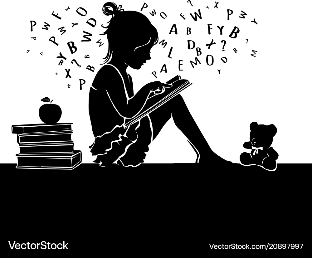 Cute Girl Reading with Teddy Bear – Royalty-Free Vector | VectorStock, image size:1000x827