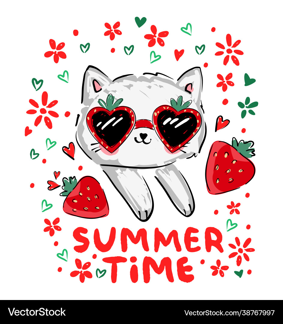 Cute kitten and strawberry Vector Image