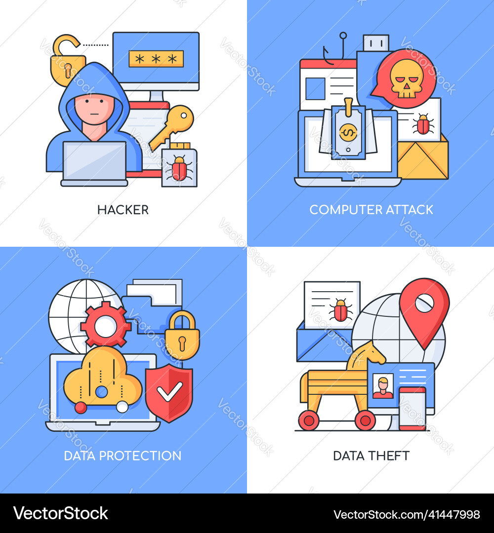 Data theft and hacking - set of line design style Data theft and hacking - set of line design style vector image