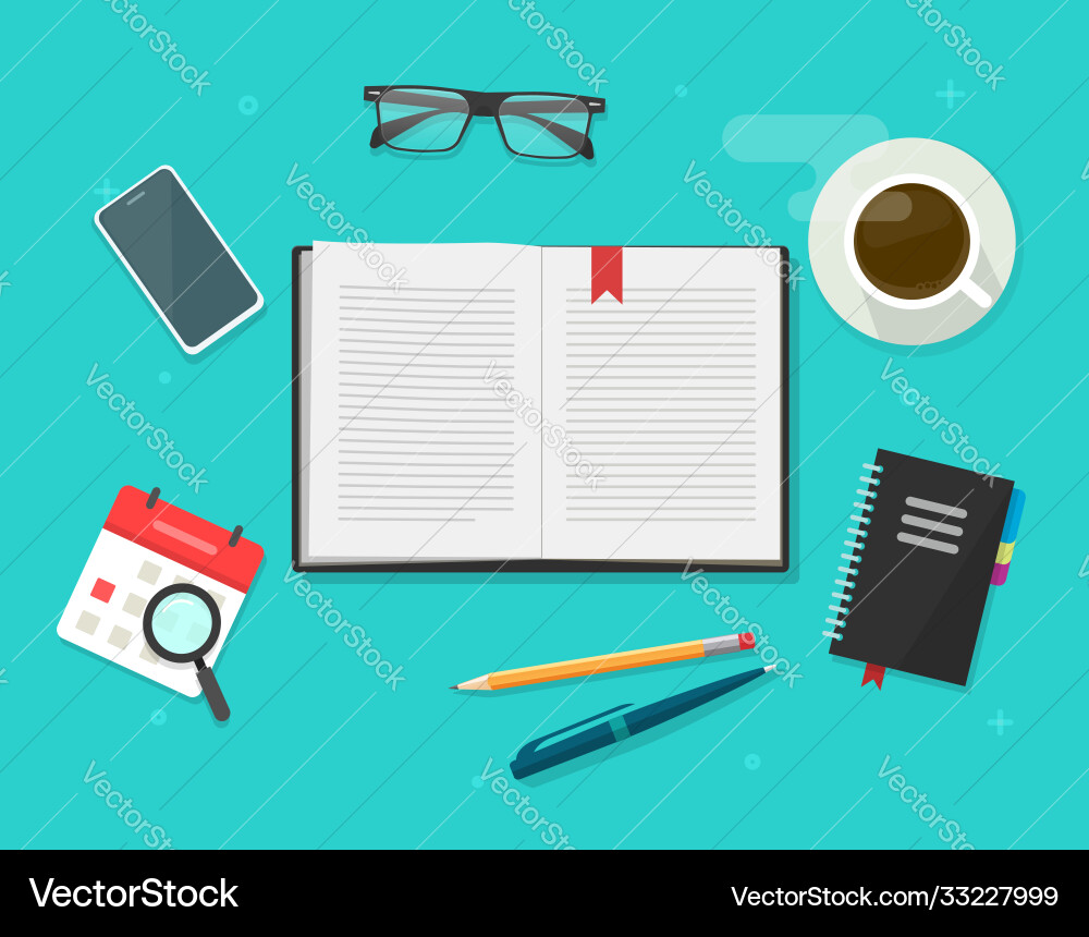 Book or notebook diary open on learning desk table Book or notebook diary open on learning desk table vector image
