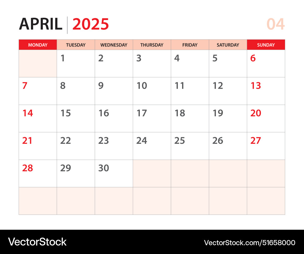 Calendar planner 2025 - april template Royalty Free Vector