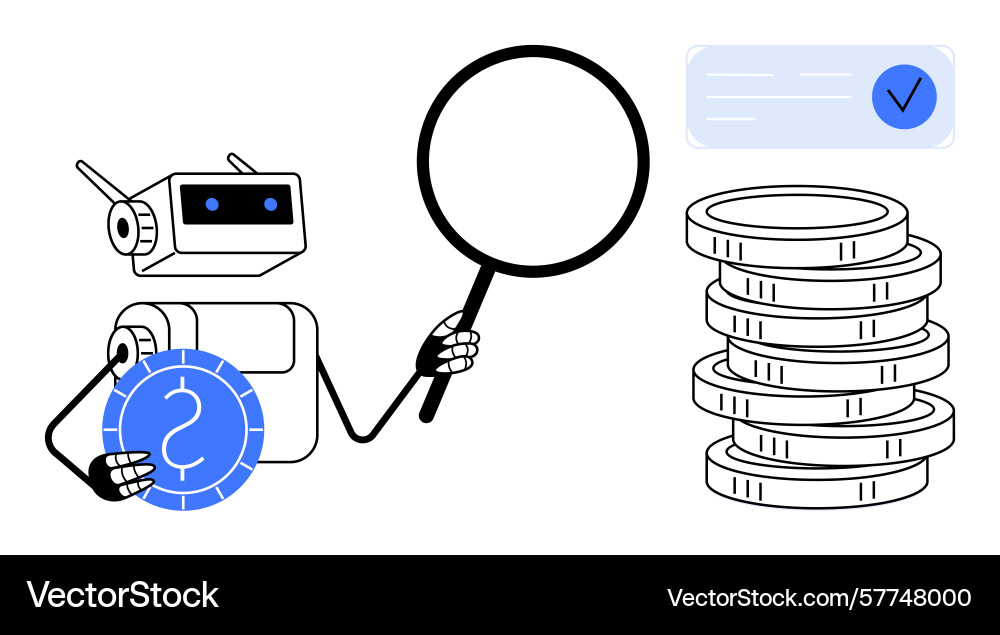 Robot analyzing stacked coins with magnifying Robot analyzing stacked coins with magnifying vector image