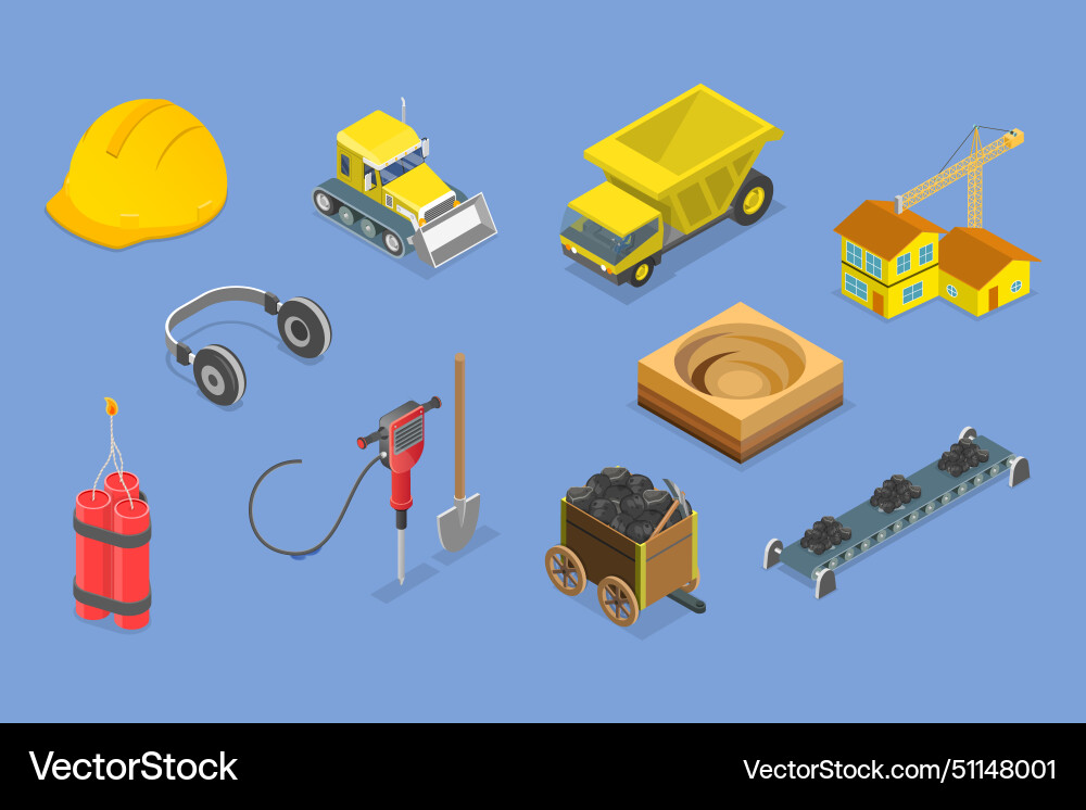 3d isometric flat set of mining elements Vector Image