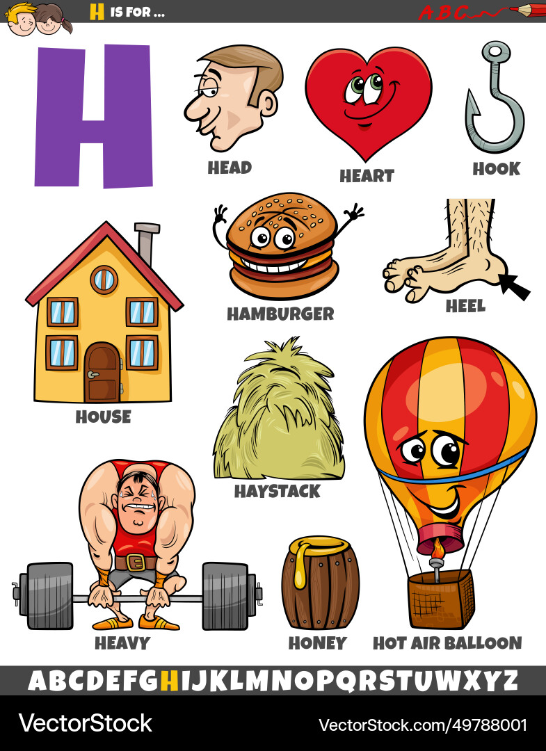 Letter h set with cartoon objects and characters Letter h set with cartoon objects and characters vector image