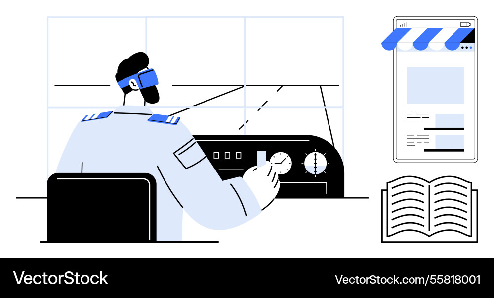 Pilot navigating flight deck with virtual reality Pilot navigating flight deck with virtual reality vector image