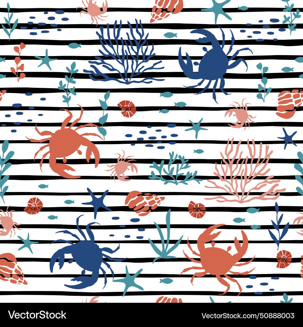 Crabs seamless pattern with seaweed fish Vector Image