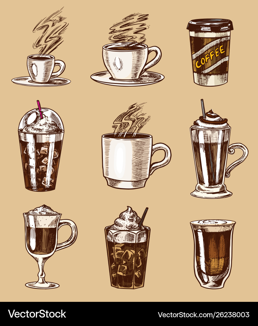Set cups coffee in vintage style take away Set cups coffee in vintage style take away vector image