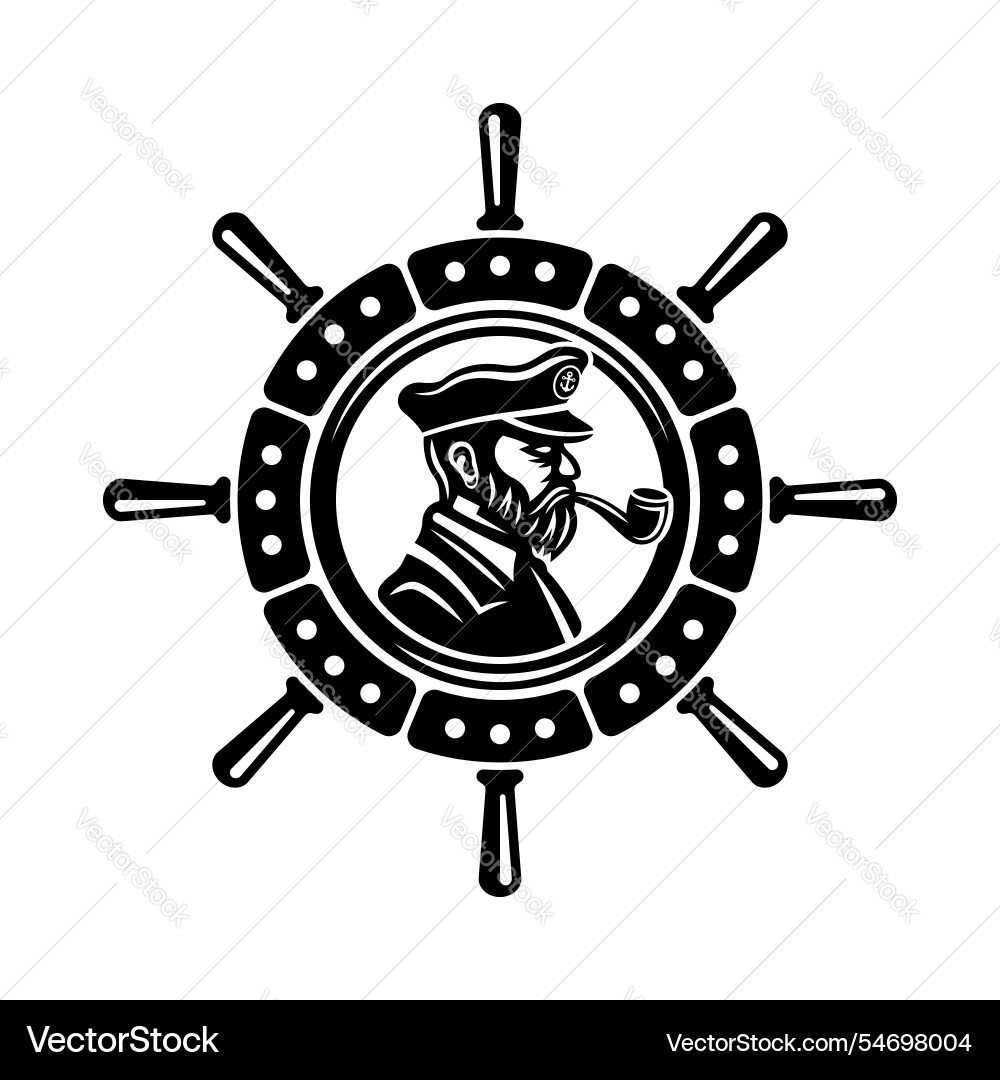 Captain with pipe side view inside rudder wheel Vector Image