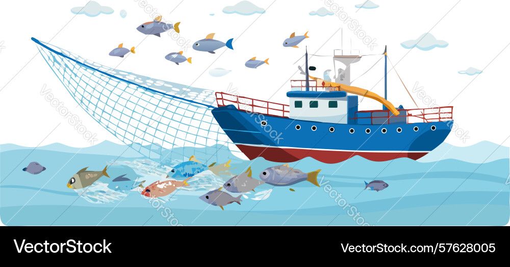 Fisherman casting net from boat abundant catch vector image