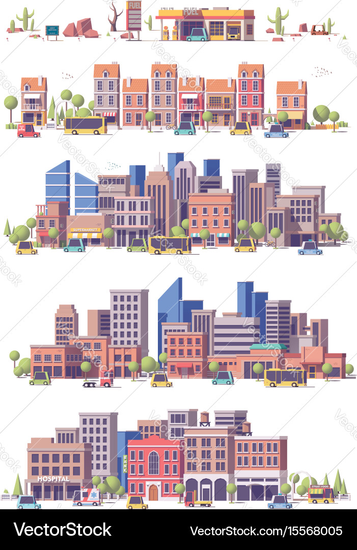 Low poly 2d city scenes Royalty Free Vector Image
