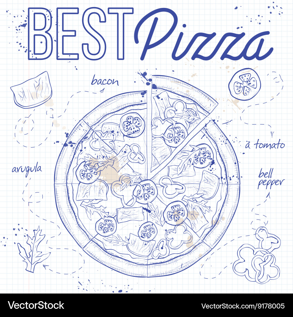 Pizza with bacon on a notebook page vector image