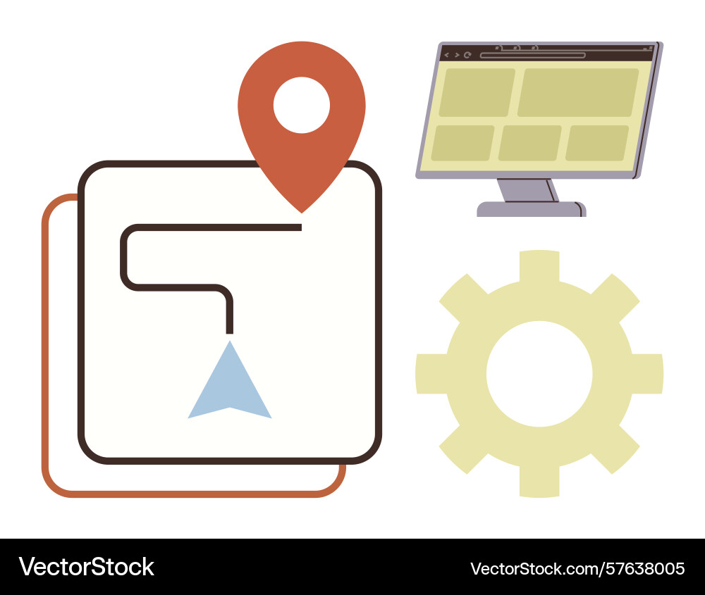 Route planning with map location pin computer Route planning with map location pin computer vector image