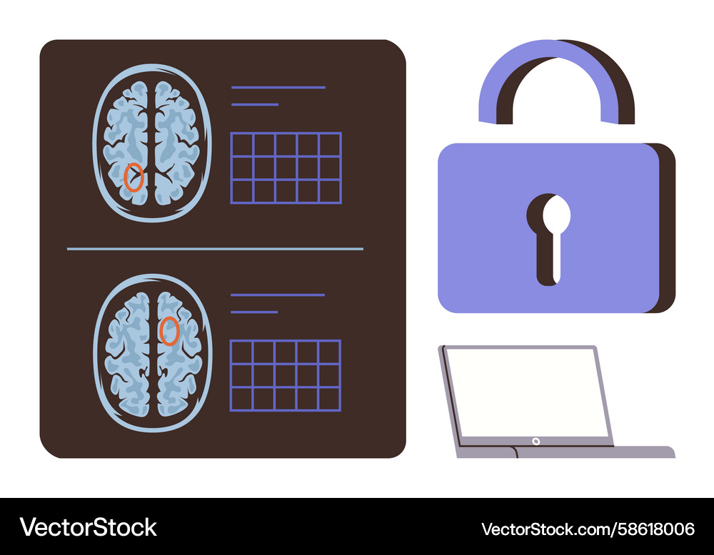 Brain scans with data grids lock and laptop Vector Image