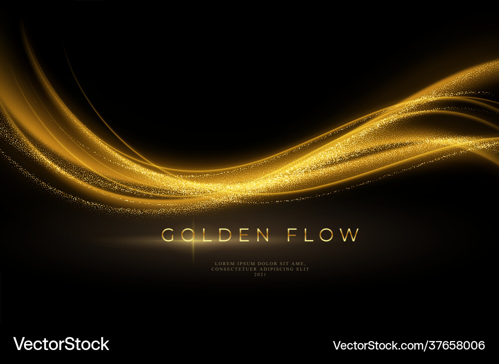 Gold wave flow and golden glitter on black vector image