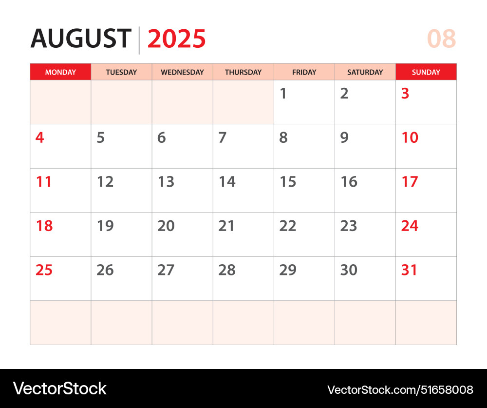 Calendar planner 2025 - august template Royalty Free Vector