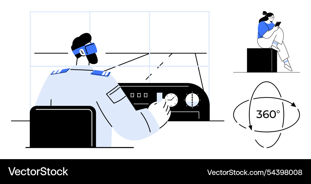 Pilot using vr for flight simulation while person Pilot using vr for flight simulation while person vector image