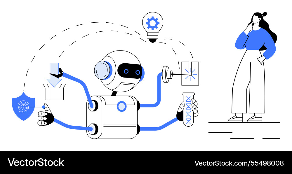 Robot with multiple arms engaging in various tasks vector image