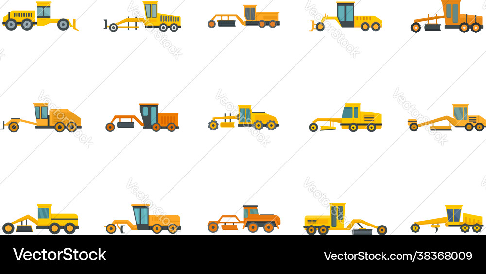Grader machine icons set flat isolated Grader machine icons set flat isolated vector image