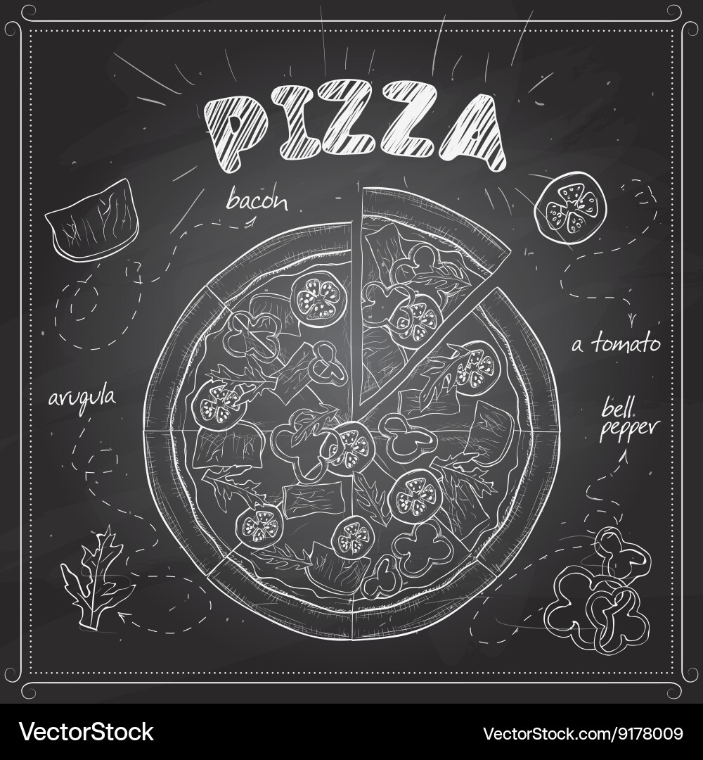 Pizza with bacon scetch on a black board Vector Image