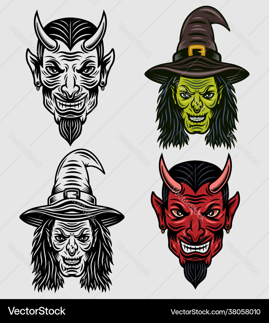 Devil head and witch set objects vector image