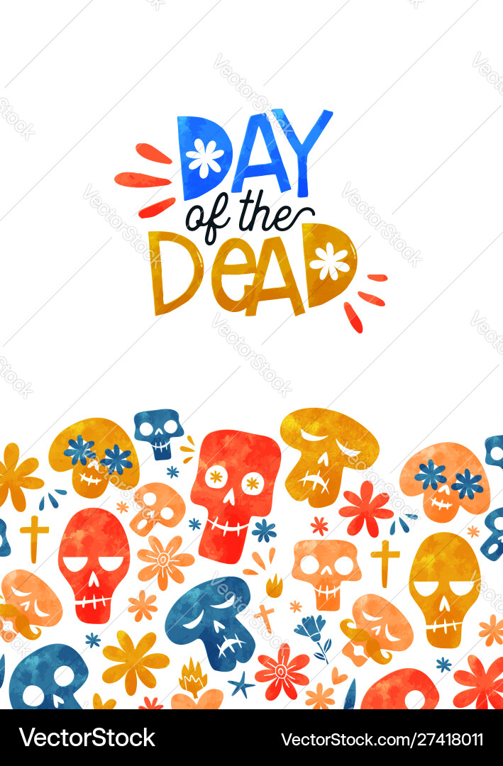Day dead card cute watercolor skull cartoon Day dead card cute watercolor skull cartoon Vector Image