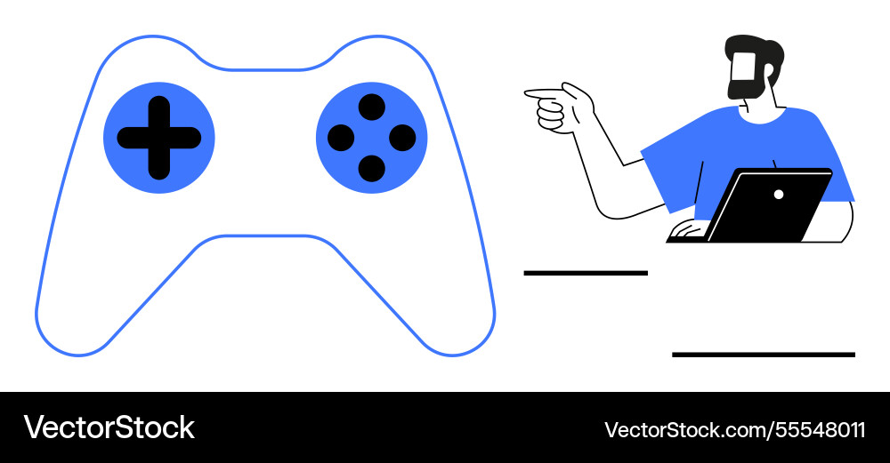 Gamer pointing at screen while holding controller Vector Image