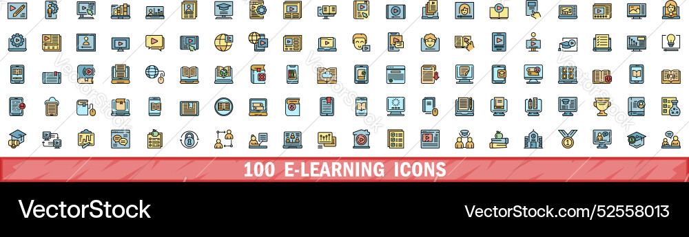100 e-learning icons set color line style 100 e-learning icons set color line style vector image