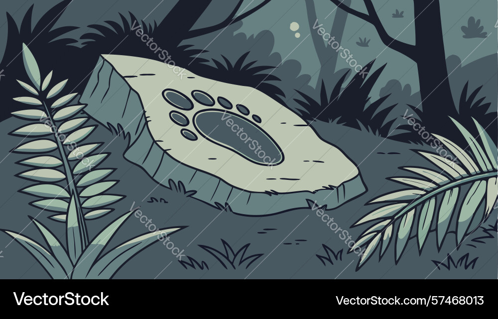 Fossilized footprint in a lush forest with ferns vector image