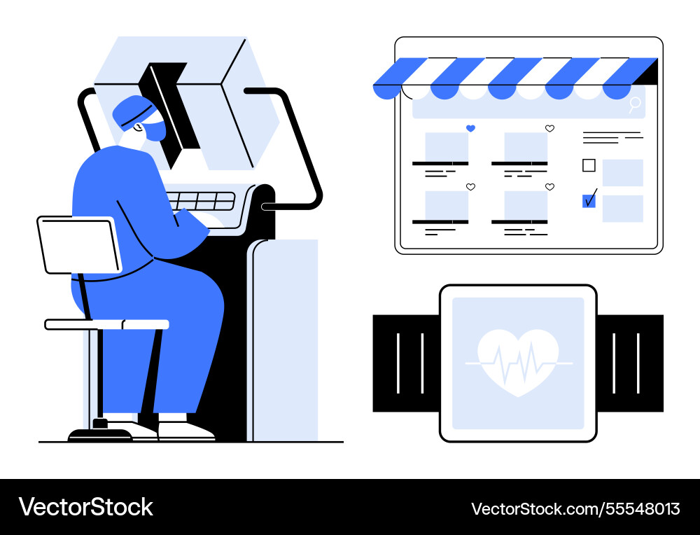 Man at workstation with digital interfaces Man at workstation with digital interfaces Vector Image