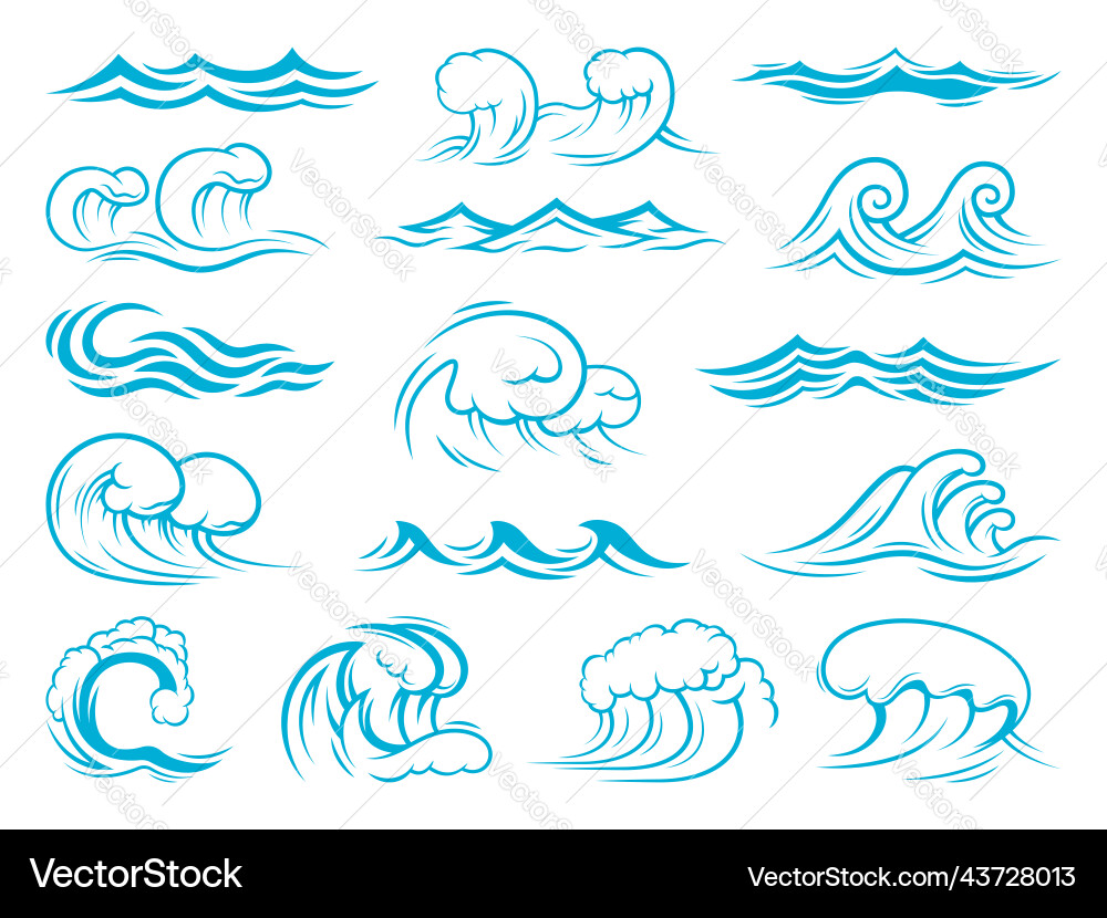 Sea and ocean wave icons tsunami surf waves set vector image