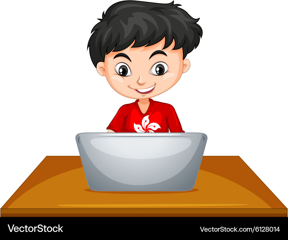 Boy using computer on the table Vector Image