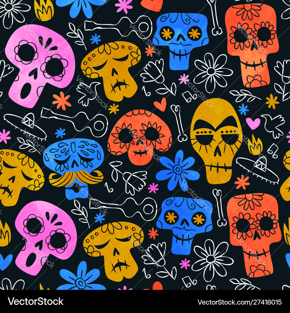 Funny mexican skull cartoon background pattern Funny mexican skull cartoon background pattern vector image