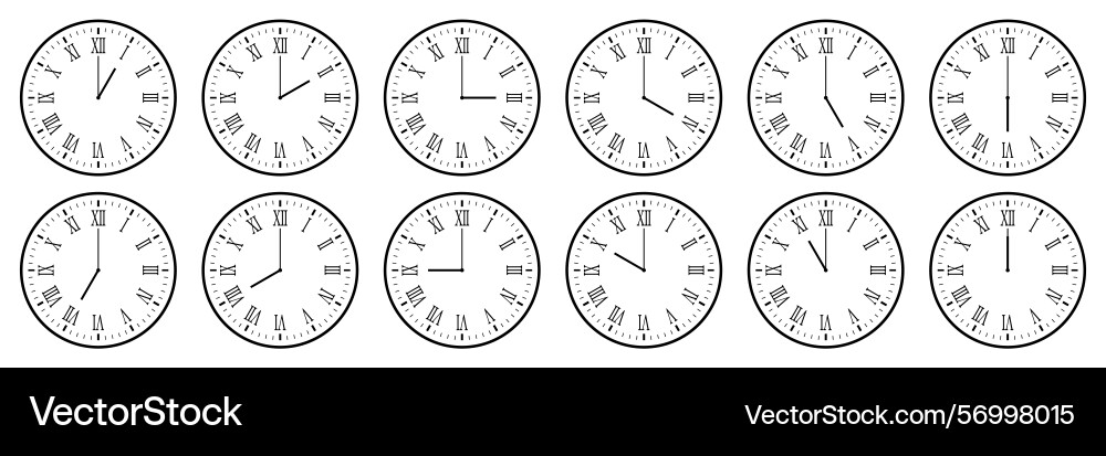 Horizontal set of analog clock icon with roman Horizontal set of analog clock icon with roman vector image